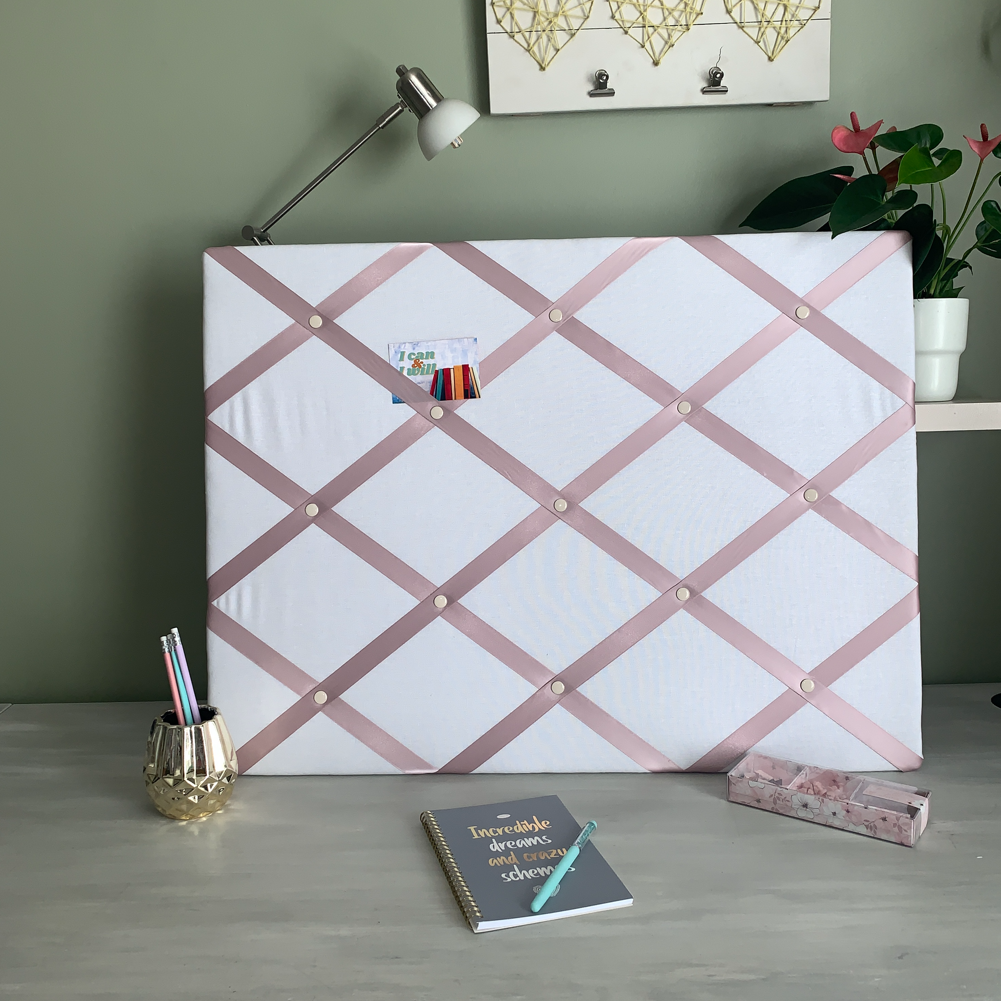 White linen Pin It board with light pink ribbon